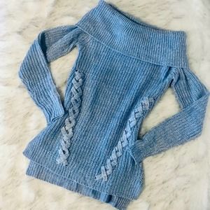 NEW blue off the shoulder fold over sweater